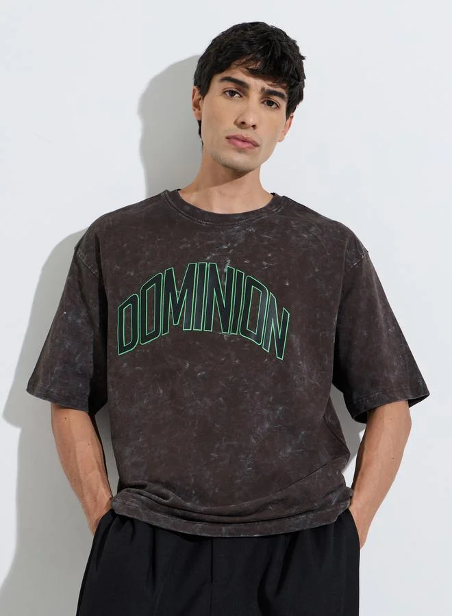 Styli Grey Acid Wash Crew Neck Oversized T-Shirt with Front Print