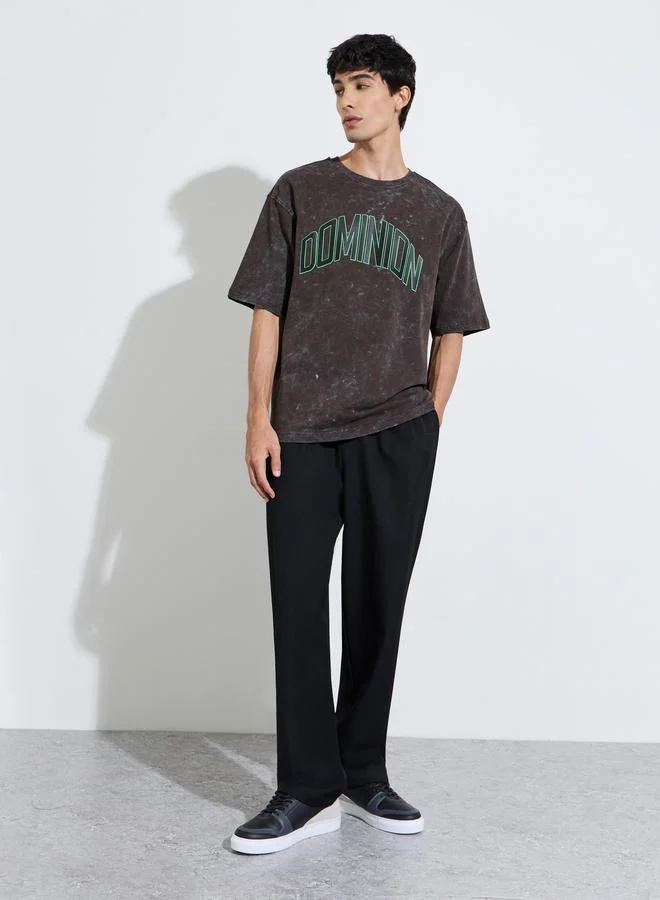 Styli Grey Acid Wash Crew Neck Oversized T-Shirt with Front Print