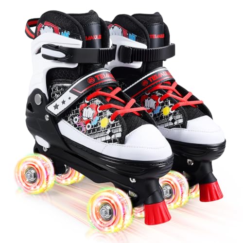 TeimuLeiSi Kids Roller Skates, 4 Size Adjustable Quad Skates with All Light Up Wheels, 10C to 8 Rollerskates for Toddlers, Beginners, Boys, Girls, Outdoor, Indoor, Black, Medium - Image 2