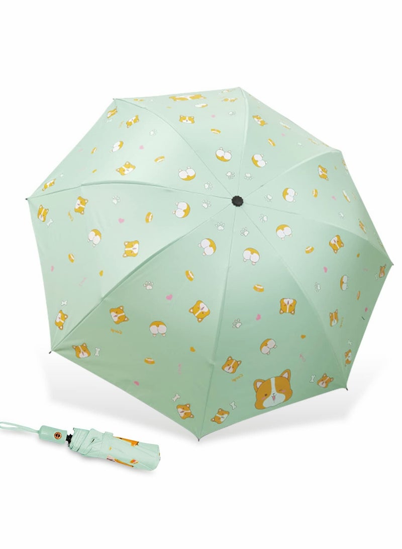SOLARAE Automatic Windproof Golf Umbrella with UV Protection, Double Canopy Vented Design, Cartoon Corgi Print, Travel-Friendly Stick Umbrella (Diameter 85cm, Light Green) - Image 3