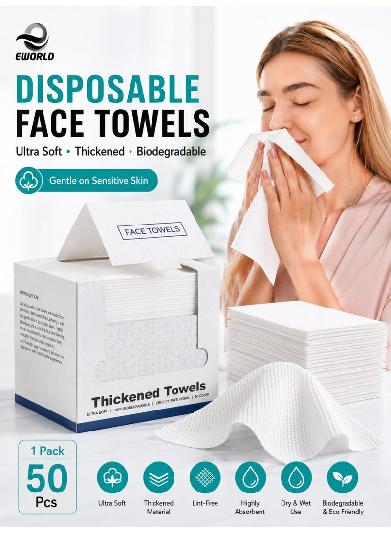 Eworld Disposable Face Towels, Ultra Soft Thickened Biodegradable Facial Cleansing Towels, Dry & Wet Face Tissue, Lint-Free Highly Absorbent Makeup Remover Towels for Sensitive Skin, Daily Skincare, Travel & Beauty, 1 Box (50 Count) - Image 1