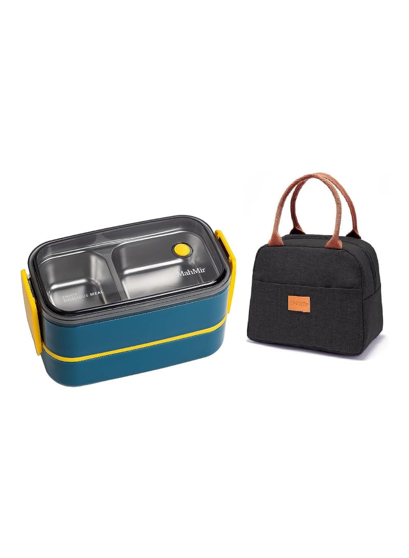 MahMir Stainless Steel Lunch Box - Insulated Bento Box Multifunctional-Containers Lunch Box with 2 Compartments & Tableware(304 stainless steel) lunch box with Lunch MahMir Lunch bag (Blue + Lunch Bag)  - Image 2