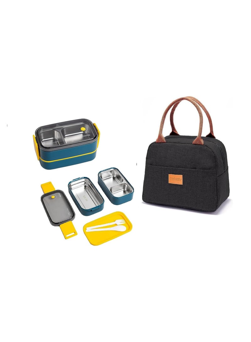 MahMir Stainless Steel Lunch Box - Insulated Bento Box Multifunctional-Containers Lunch Box with 2 Compartments & Tableware(304 stainless steel) lunch box with Lunch MahMir Lunch bag (Blue + Lunch Bag)  - Image 1