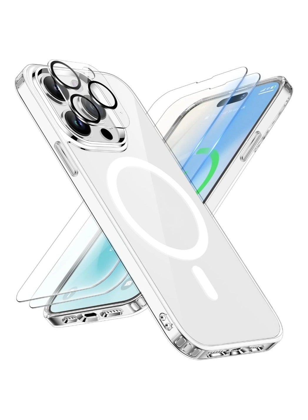 Package 3 in 1 For iPhone 14 Pro, Clear Case with Screen Protector & Lens Protector, Compatible with Magsafe, High-Grade Protection & Anti-Yellowing, Magnetic Case for iPhone 14 Pro, Transparent