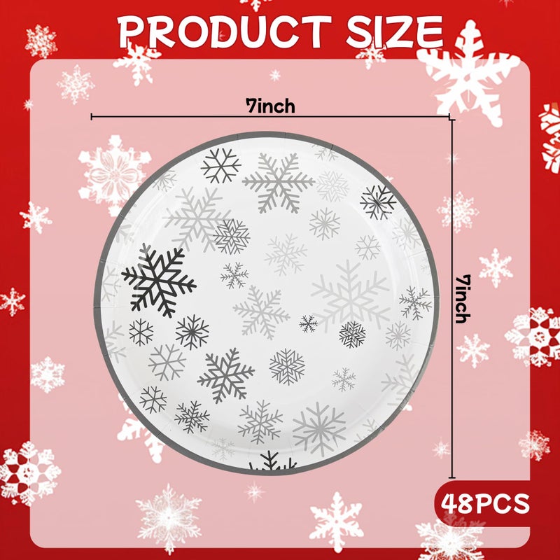AimFun Snowflake Paper Plates Christmas Disposable Party Plates Winter Holiday 7 Inch Dessert Plate Grey Snowflakes Small Cake Plates for Birthday New Year Party Supplies (48, Grey Snowflakes) - Image 2
