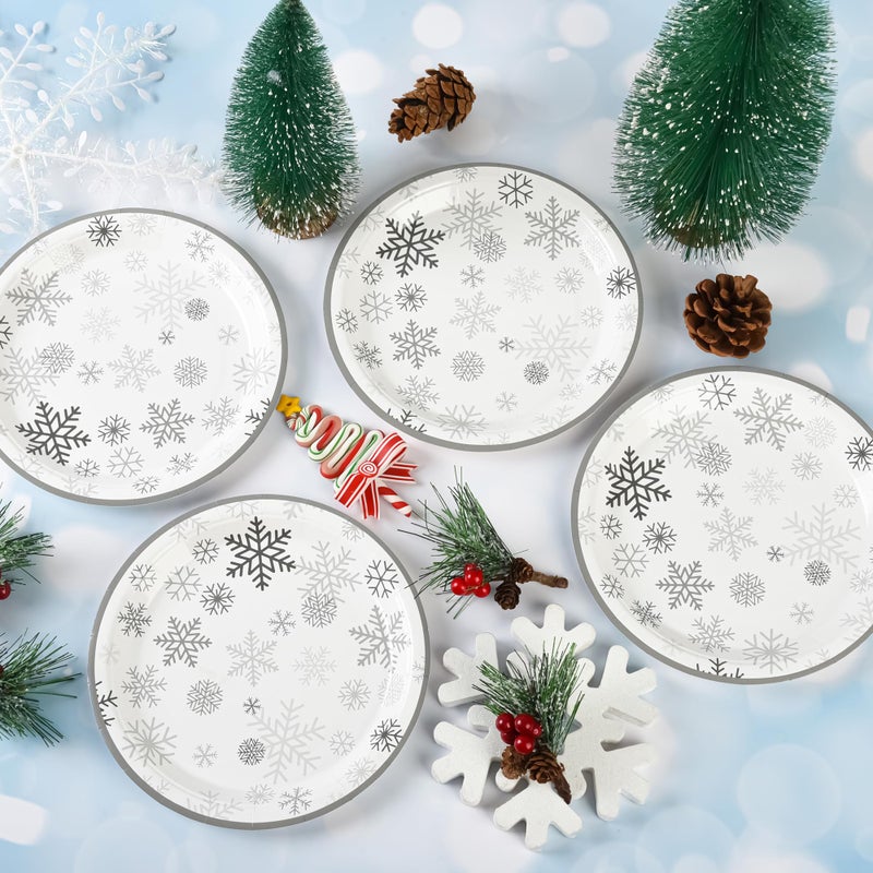 AimFun Snowflake Paper Plates Christmas Disposable Party Plates Winter Holiday 7 Inch Dessert Plate Grey Snowflakes Small Cake Plates for Birthday New Year Party Supplies (48, Grey Snowflakes) - Image 3