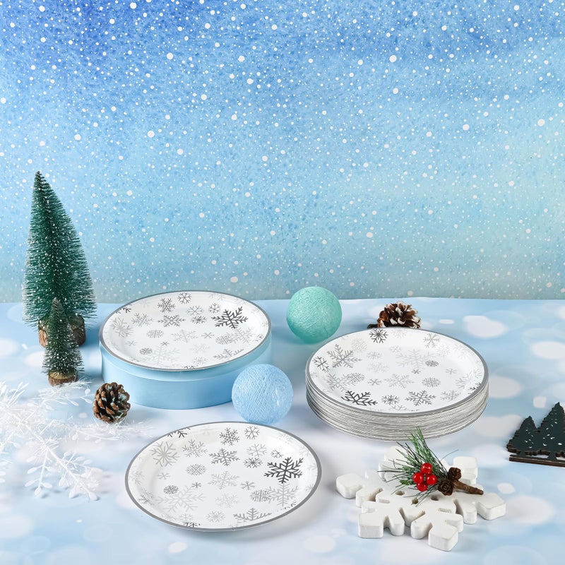 AimFun Snowflake Paper Plates Christmas Disposable Party Plates Winter Holiday 7 Inch Dessert Plate Grey Snowflakes Small Cake Plates for Birthday New Year Party Supplies (48, Grey Snowflakes) - Image 4