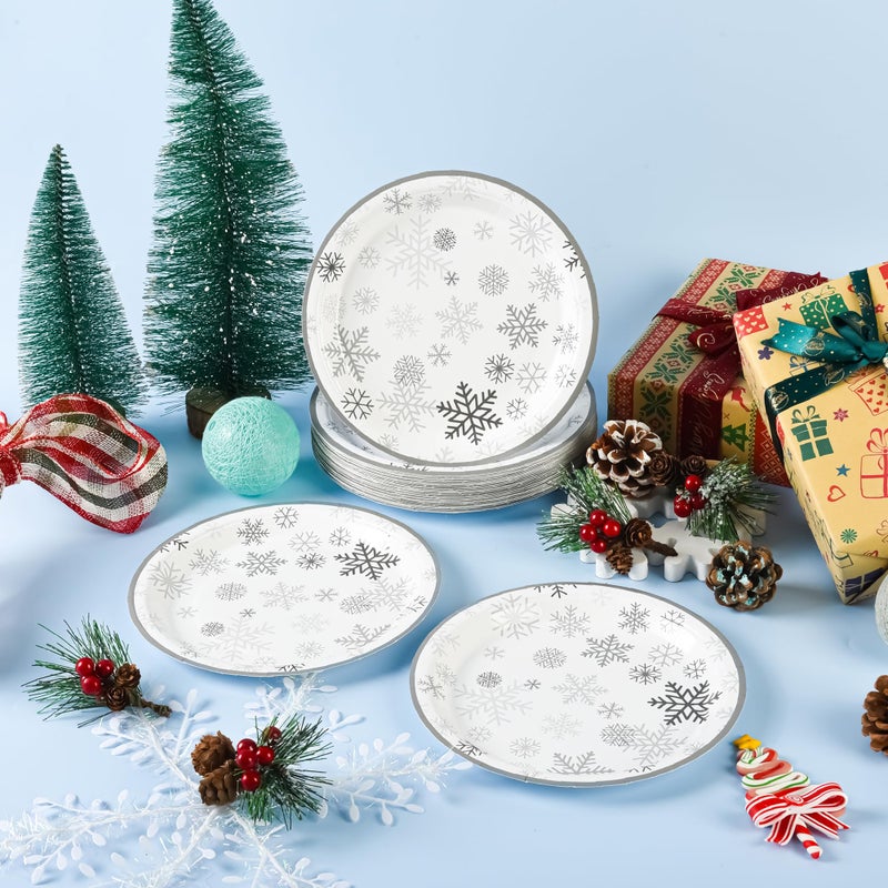 AimFun Snowflake Paper Plates Christmas Disposable Party Plates Winter Holiday 7 Inch Dessert Plate Grey Snowflakes Small Cake Plates for Birthday New Year Party Supplies (48, Grey Snowflakes) - Image 5