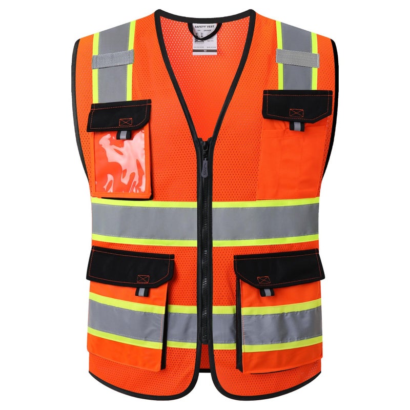 JKSafety سترات السلامة العاكسة عالية الوضوح للرجال والنساء مع جيوب - سترة شبكية للسلامة (220-برتقالي L) - Image 1