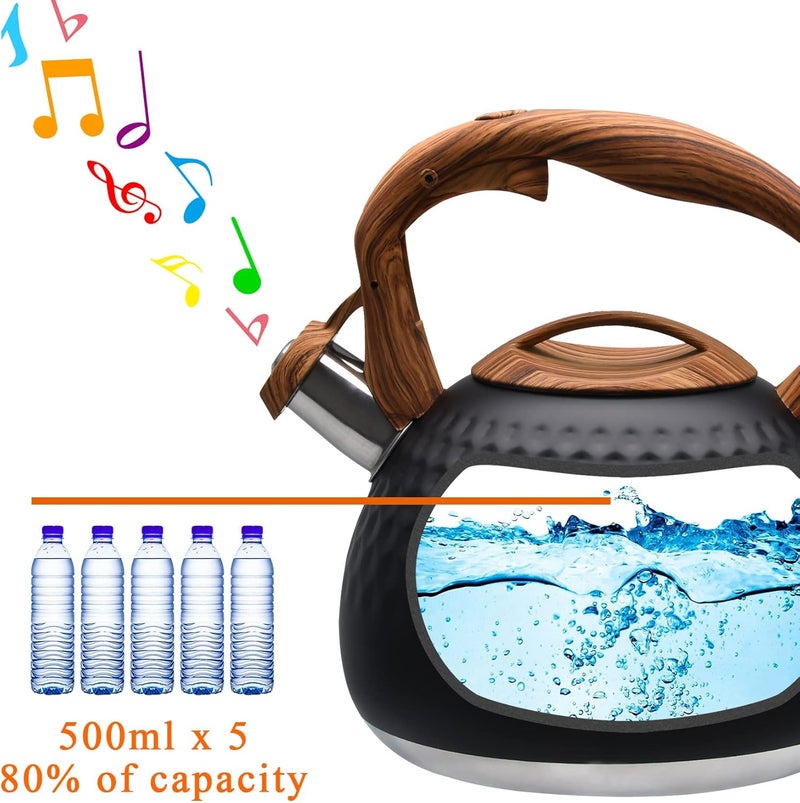 GGC Tea Kettle for Stove Top, Loud Whistling Kettle for Boiling Water Coffee or Milk, 3.1 Quart 3L Heavy Stainless Steel Black Kettle with Wood Pattern Handle, Unique Button Control Kettle Outlet - Image 4