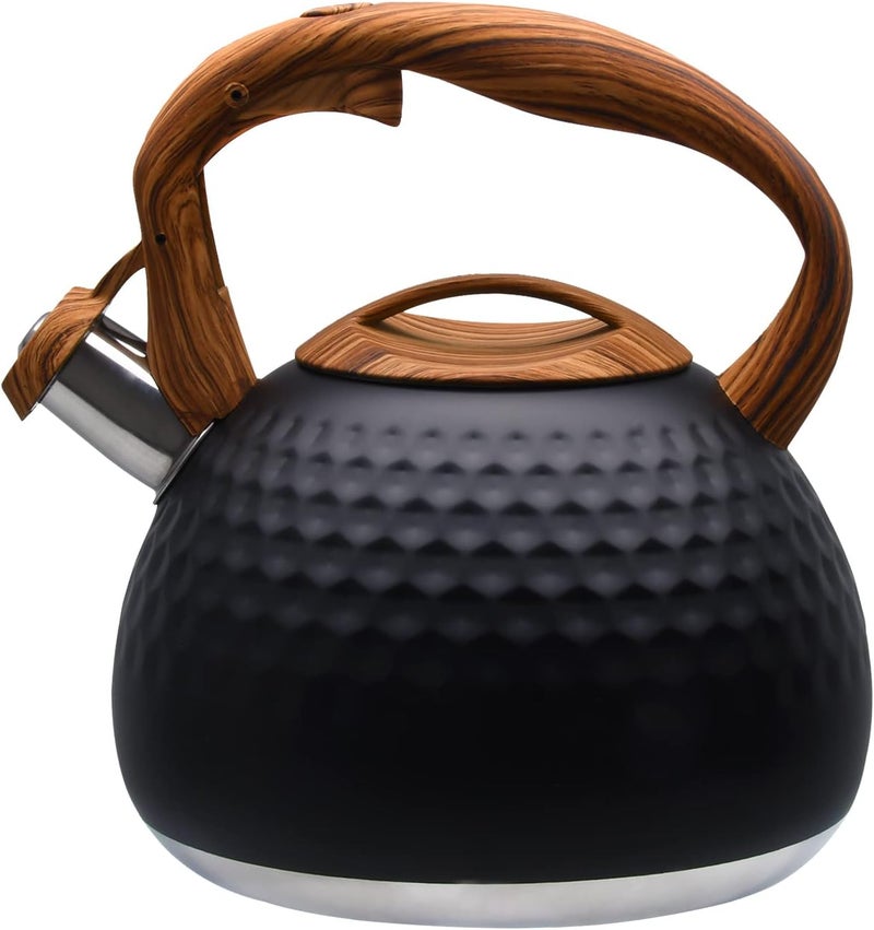 GGC Tea Kettle for Stove Top, Loud Whistling Kettle for Boiling Water Coffee or Milk, 3.1 Quart 3L Heavy Stainless Steel Black Kettle with Wood Pattern Handle, Unique Button Control Kettle Outlet - Image 1