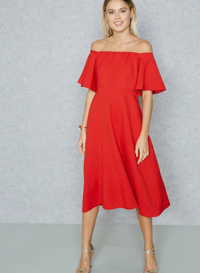 Ginger Basics Ruffle Sleeve Bardot Midi Dress