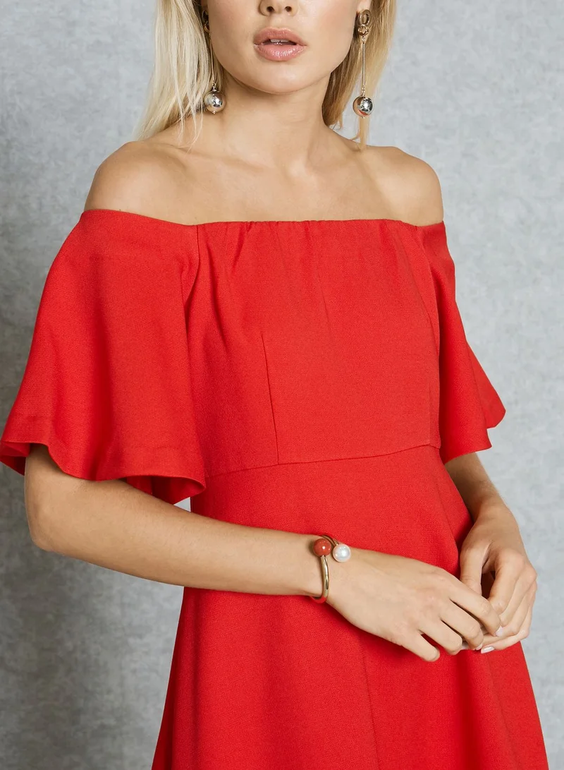 Ginger Basics Ruffle Sleeve Bardot Midi Dress