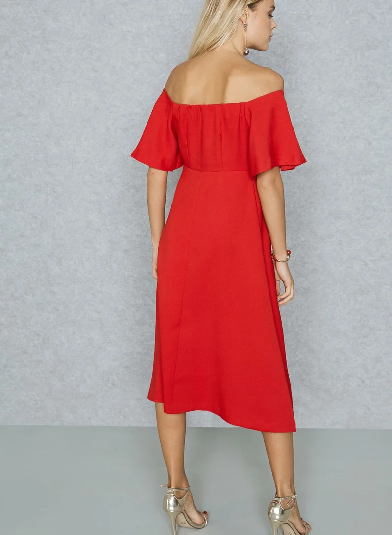 Ginger Basics Ruffle Sleeve Bardot Midi Dress