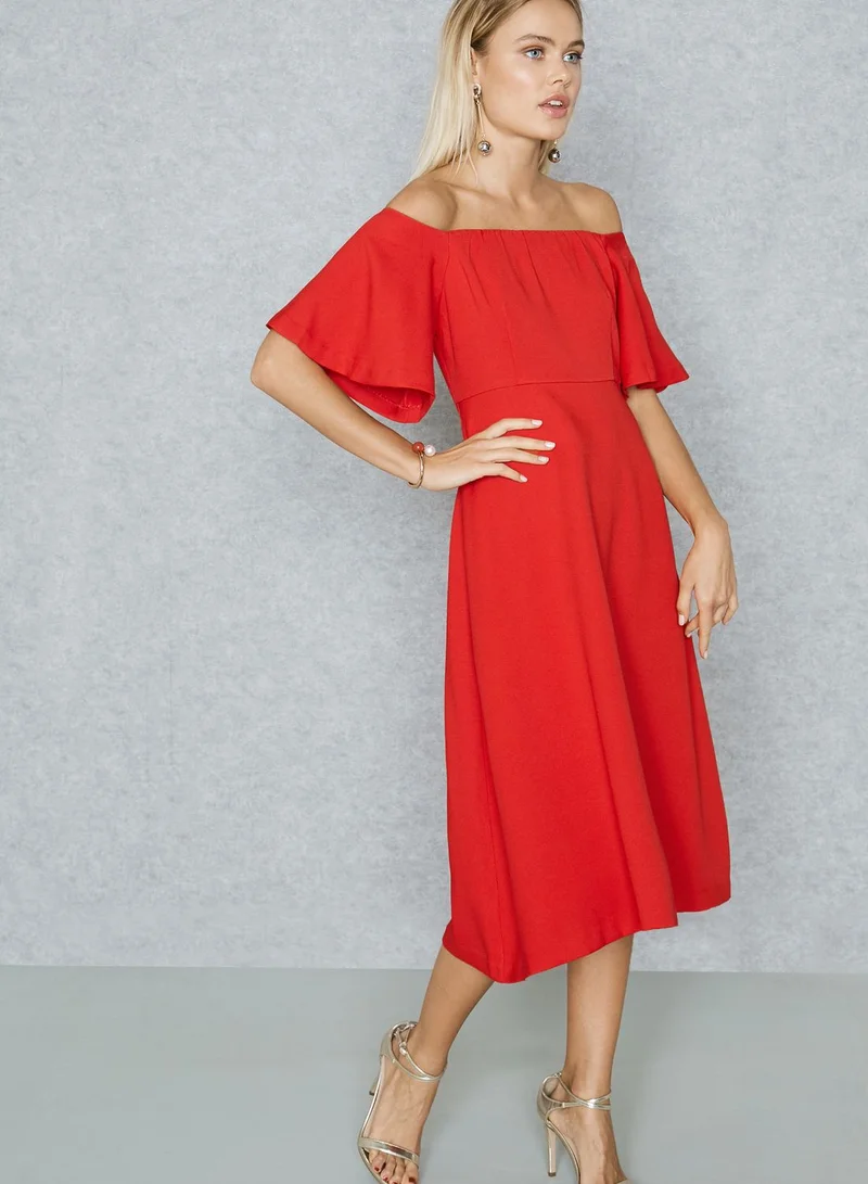 Ginger Basics Ruffle Sleeve Bardot Midi Dress