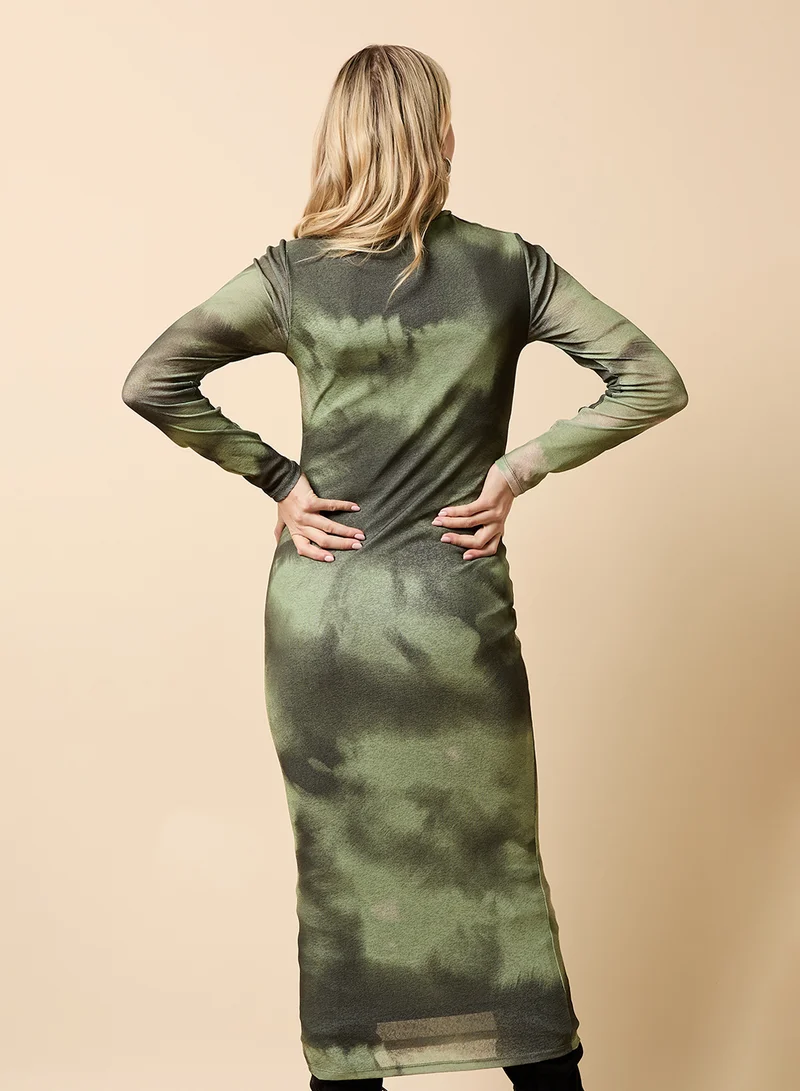 ليتل مسترس Mesh Detail Printed High Neck Maxi Dress