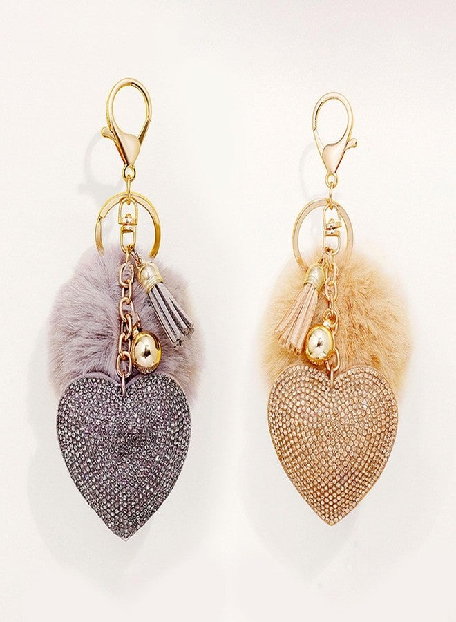 KC Luxury Sparkling Heart Keychain Charm with Fur Pom Pom & Tassel - Cute Bag, Purse, Phone & Car Accessory for Women & Girls (Gold) - Image 5