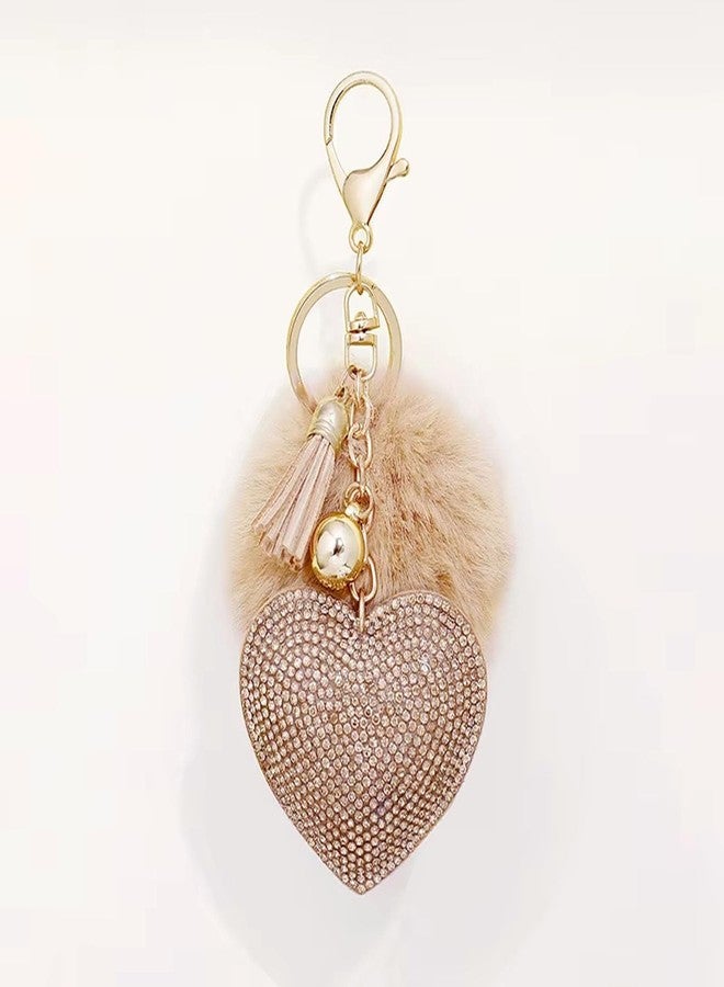 KC Luxury Sparkling Heart Keychain Charm with Fur Pom Pom & Tassel - Cute Bag, Purse, Phone & Car Accessory for Women & Girls (Gold) - Image 2