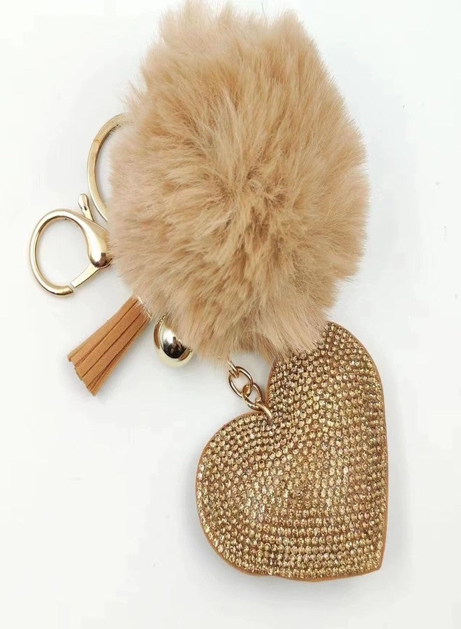 KC Luxury Sparkling Heart Keychain Charm with Fur Pom Pom & Tassel - Cute Bag, Purse, Phone & Car Accessory for Women & Girls (Gold) - Image 3