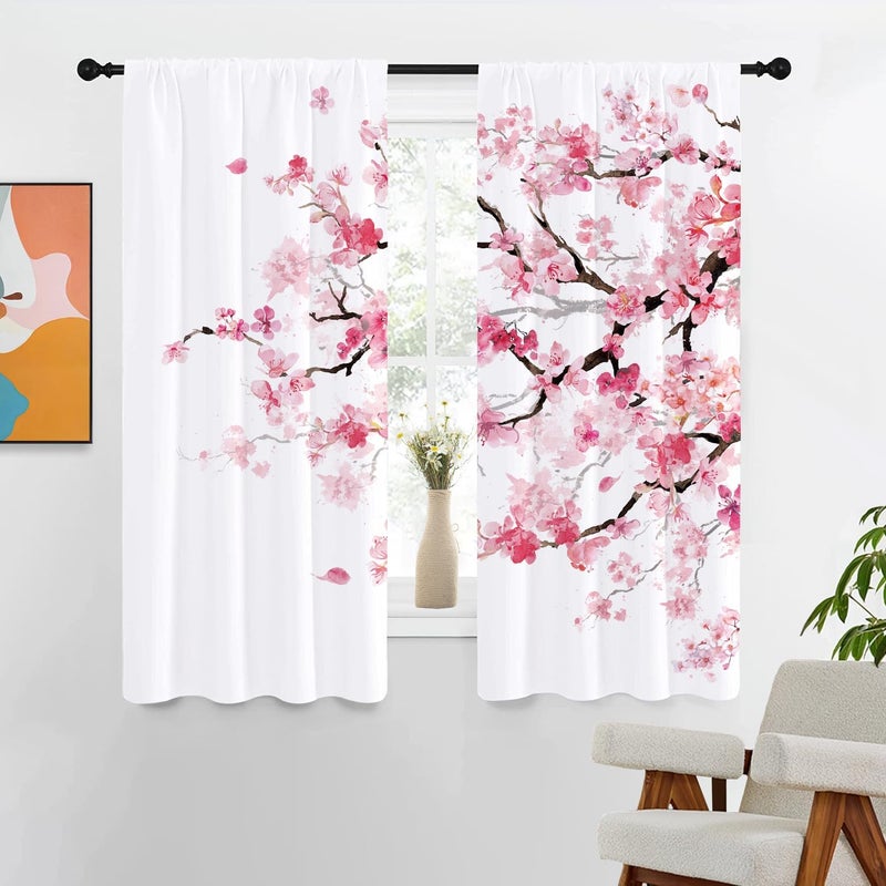 Kikiry Pink Cherry Curtain 52" W x 63" L Wide Spring Blush Sakura Floral Plum Blossom Flowers Japanese Asian Style Girl Women Curtains Living Room Bedroom Window Drapes Treatment Fabric 1 Pair - Image 1