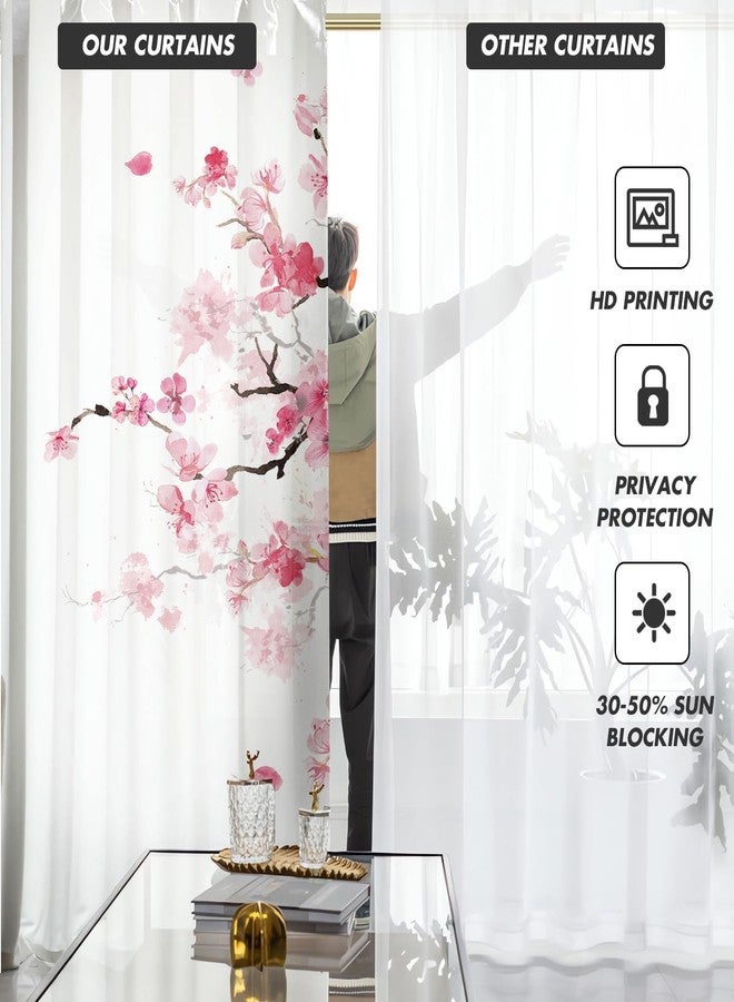 Kikiry Pink Cherry Curtain 52" W x 63" L Wide Spring Blush Sakura Floral Plum Blossom Flowers Japanese Asian Style Girl Women Curtains Living Room Bedroom Window Drapes Treatment Fabric 1 Pair - Image 2
