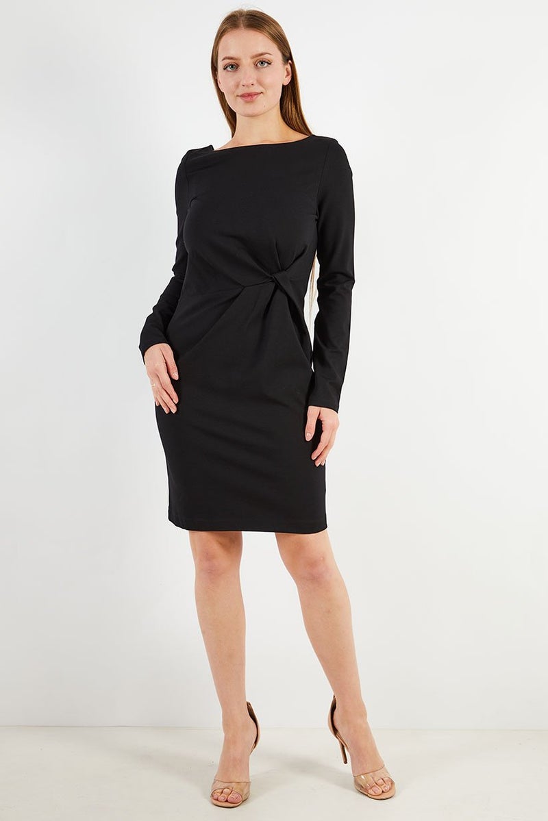 IKKS Women Solid Long Sleeve Mini Dress, Black - Image 3