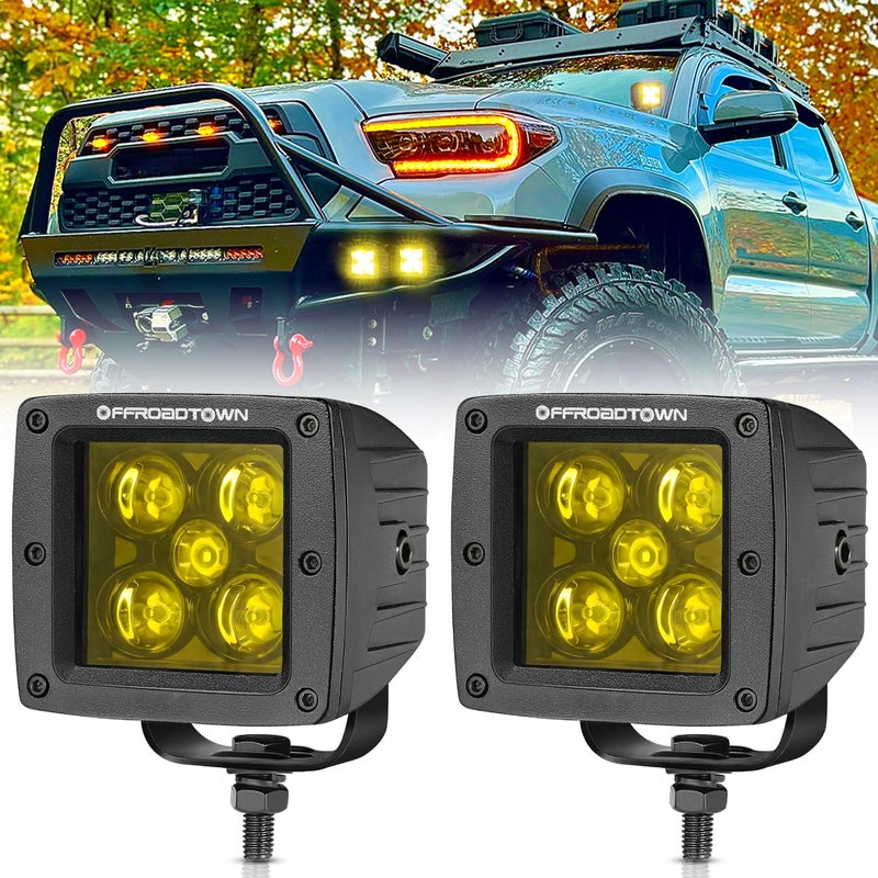 أضواء LED صفراء OFFROADTOWN 100 واط 2 قطع 3 بوصة مكعبات LED CREE ضوء شعاع النقطة لقيادة الطرق الوعرة أضواء LED مكعبات صفراء ضوء ضباب إضاءة خندق للشاحنات UTV ATV SUV سيران قارب
