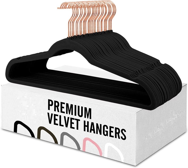 Evolluxi® Non-Slip Velvet Hangers - Suit Hanger Ultra Thin Space Saving 360 Degree Swivel Hook Strong and Durable Clothes Hangers (Black, 50) - Image 1