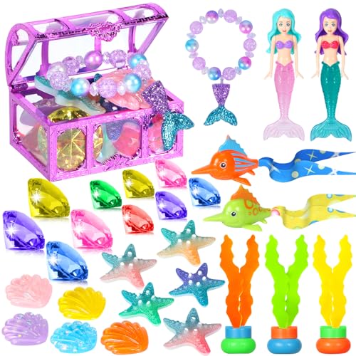 VGOFUN Diving Pool Toys for Kids Ages 312 31 Pcs Mermaid Pool Toys Diving Gem Toys with Pirate Treasure Chest Summer Underwater Game Toys Swimming Training Gift for Boys Girls with Storage Bag - Image 1