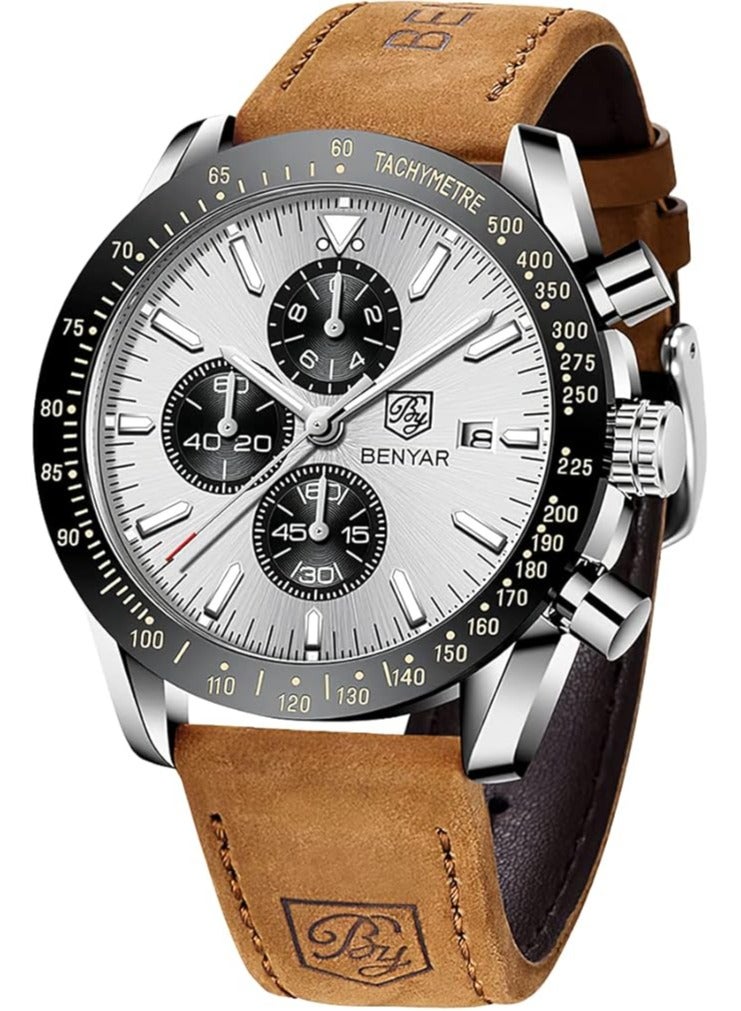 BENYAR Mens Watch Waterproof Chronograph Date Watch for Men Brown Leather Strap Quartz Movement Analog Watch Business Casual Gift for Men  - Image 1