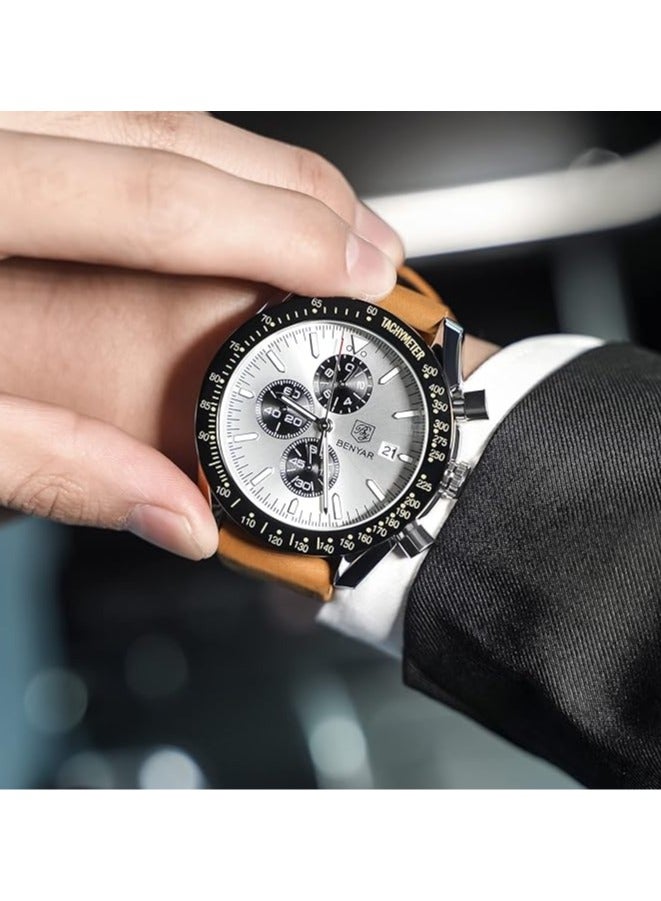 BENYAR Mens Watch Waterproof Chronograph Date Watch for Men Brown Leather Strap Quartz Movement Analog Watch Business Casual Gift for Men  - Image 4