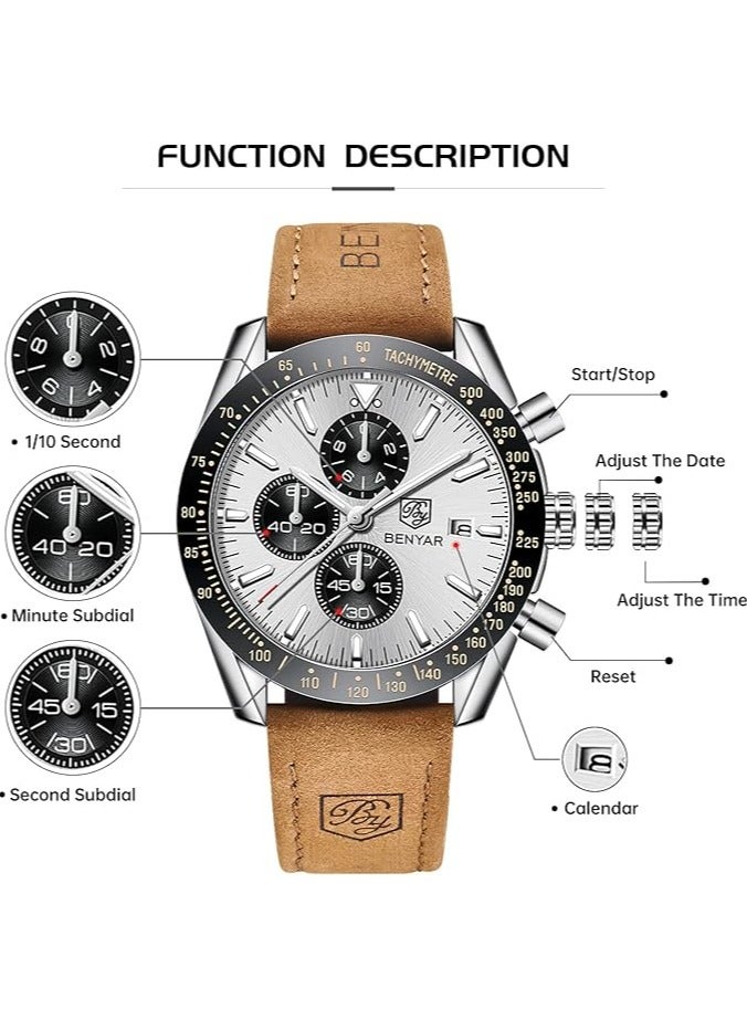 BENYAR Mens Watch Waterproof Chronograph Date Watch for Men Brown Leather Strap Quartz Movement Analog Watch Business Casual Gift for Men  - Image 5