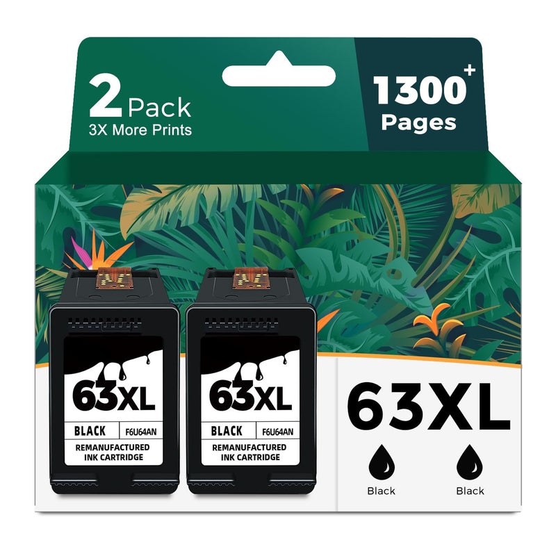 Ubinki 63XL Black Ink Cartridge Replacement for HP 63 HP63 XL 63XL BK Ink for 3830 4650 4652 4655 5200 5252 5255 5258 4520 4512 1112 2132 3630 3632 3631 2130 4510 4654 Printer 2-Pack High Yield Cartridge - Image 1