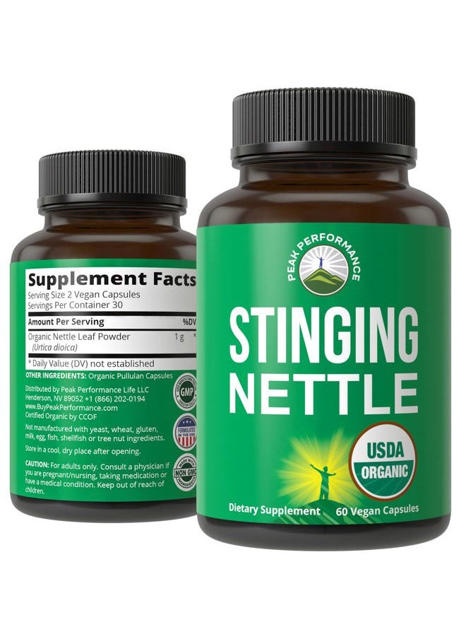 Peak Performance USDA Organic Stinging Nettle Vegan Capsules Made with Stinging Nettle Leaf Powder for Prostate, Hair Growth, Allergy. Better Than Root or Seed Extract. Plant Based Herb Supplement Tablets, 60 Pills  - Image 1