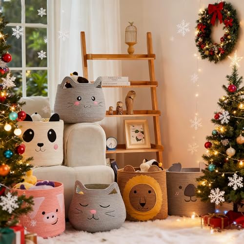 OMERAI Animal Cat Basket Cute Cotton Rope Woven Large Blanket Basket Toy Storage for Nursery decor and Laundry Organizer with Handles baby hamper shower gift 15D x 126H Grey Open Eyes - Image 3