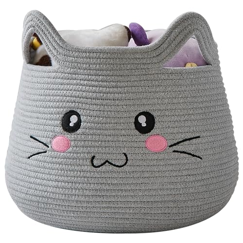 OMERAI Animal Cat Basket Cute Cotton Rope Woven Large Blanket Basket Toy Storage for Nursery decor and Laundry Organizer with Handles baby hamper shower gift 15D x 126H Grey Open Eyes - Image 1