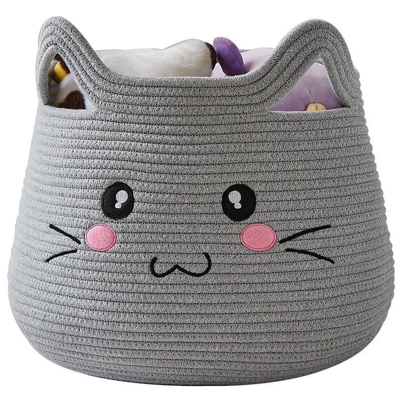 OMERAI Animal Cat Basket Cute Cotton Rope Woven Large Blanket Basket Toy Storage for Nursery decor and Laundry Organizer with Handles baby hamper shower gift 15D x 126H Grey Open Eyes - Image 2