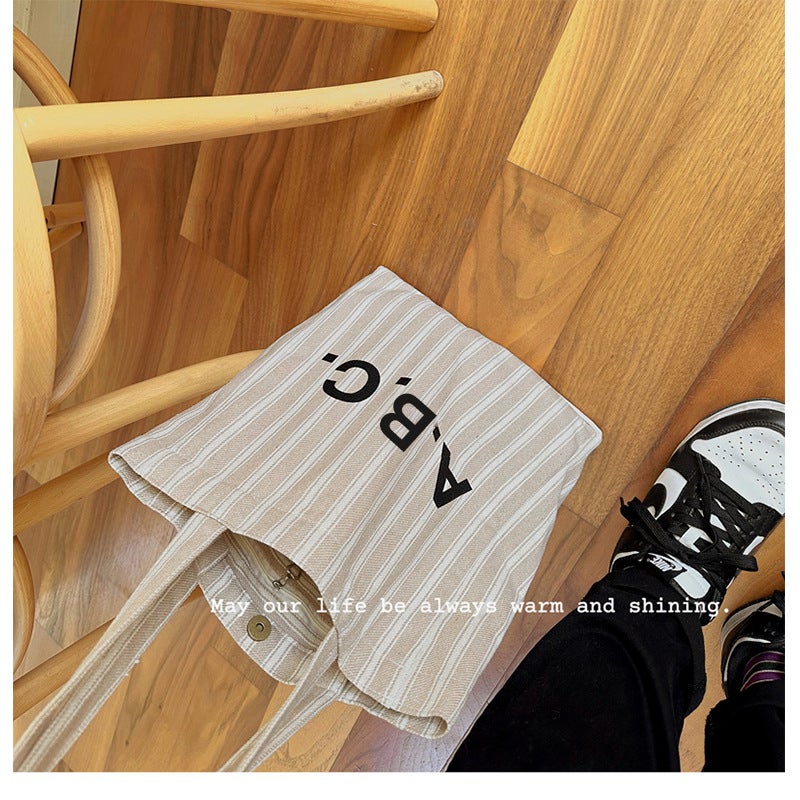 Ins Same Style Letter Simple Commuter Shoulder Canvas Bag Daily Matchinging Shopping Bag Vertical Stripesd Hand Bag - Image 3
