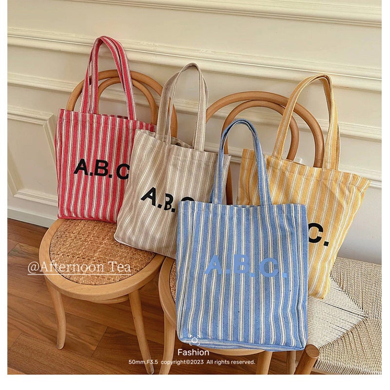 Ins Same Style Letter Simple Commuter Shoulder Canvas Bag Daily Matchinging Shopping Bag Vertical Stripesd Hand Bag - Image 2