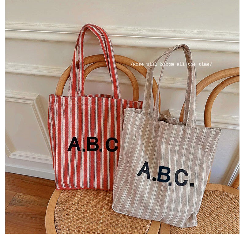 Ins Same Style Letter Simple Commuter Shoulder Canvas Bag Daily Matchinging Shopping Bag Vertical Stripesd Hand Bag - Image 4
