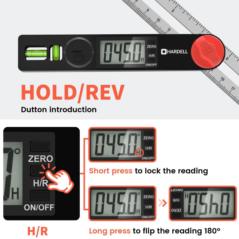 HARDELL Digital Angle Finder, 8 inch 230mm T-Bevel Protractor Ruler, Horizontal Vertical Bubble levels with Large LED Screen, 0-338 Degree Angle Measuring Tool, Suitable for Carpenters, Woodworkers - Image 4