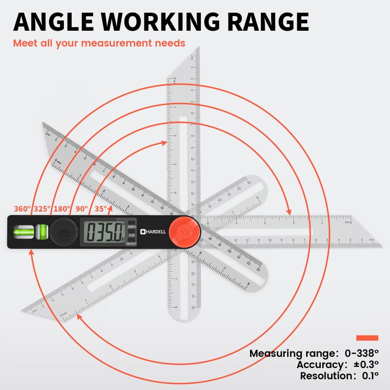 HARDELL Digital Angle Finder, 8 inch 230mm T-Bevel Protractor Ruler, Horizontal Vertical Bubble levels with Large LED Screen, 0-338 Degree Angle Measuring Tool, Suitable for Carpenters, Woodworkers - Image 2