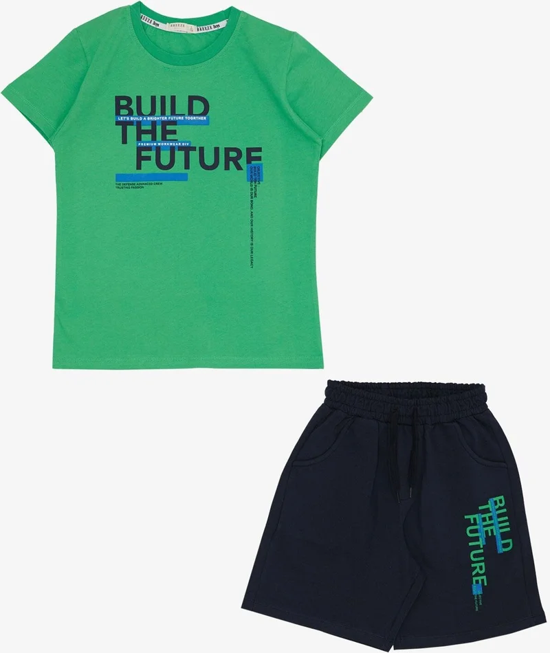 Breeze Boy Shorts Set with Text Printed Pockets, Age 8-14, Green