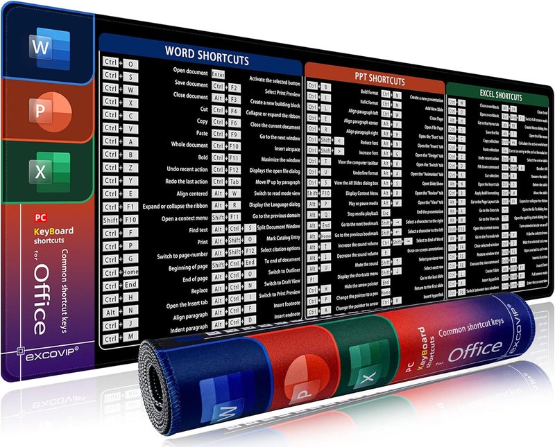 إكسوفيب لوحة ماوس كبيرة XL، لوحة ماوس اختصارات مكتبية، لوحة ماوس كمبيوتر ممتدة/سجادة مكتب بحواف مخيطة لـ Word/Excel/Ppt (800 × 300 مم) 0060 - Image 1