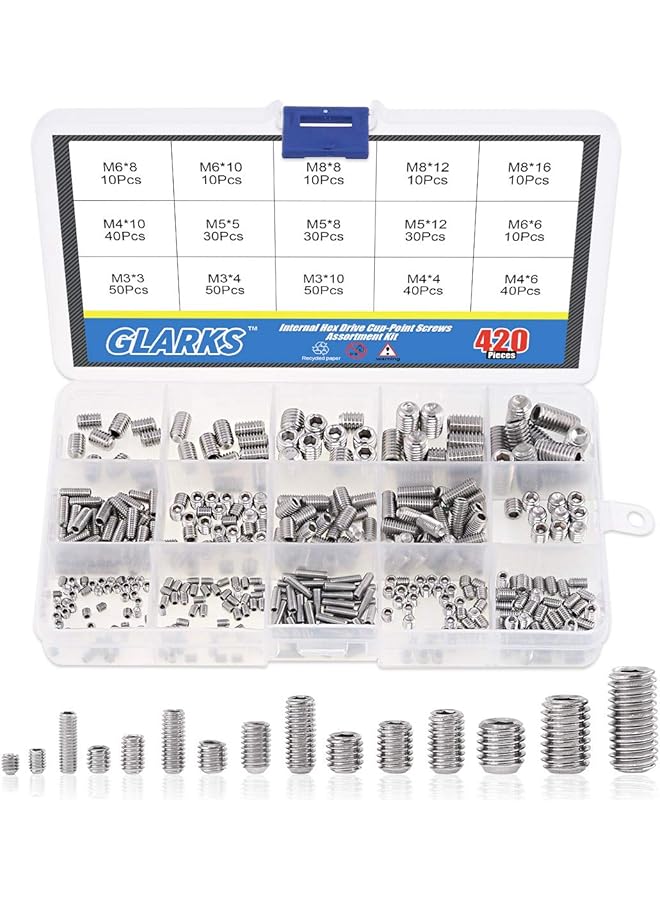 Glarks مجموعة براغي غلركس 420 قطعة M3/M4/M5/M6/M8 براغي رأس ألين، مجموعة براغي من الفولاذ المقاوم للصدأ 304 مع محرك سداسي داخلي - Image 1