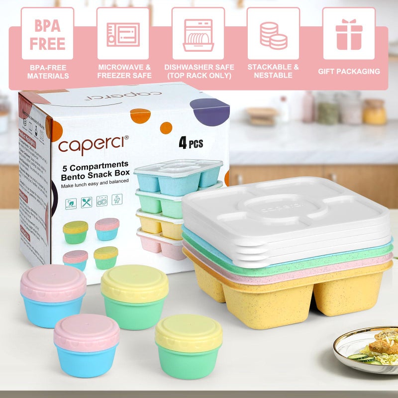 Caperci Original Lunchable Snack Containers for Kids & Adults - 5 Compartments Bento Snack Boxes with 4 Leakproof Small Containers, Wheat Straw, BPA-Free, Set of 4 (Vintage Colors) - Image 4