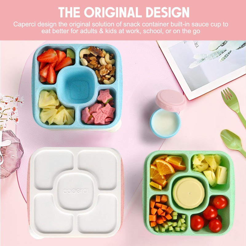 Caperci Original Lunchable Snack Containers for Kids & Adults - 5 Compartments Bento Snack Boxes with 4 Leakproof Small Containers, Wheat Straw, BPA-Free, Set of 4 (Vintage Colors) - Image 2