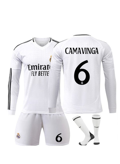 Real Madrid 24-25 Home Football Kits CAMAVINGA #6 Fans Football Jersey Long Sleeve/Shorts Socks Gift Set Youth Sizes and Adult Size
