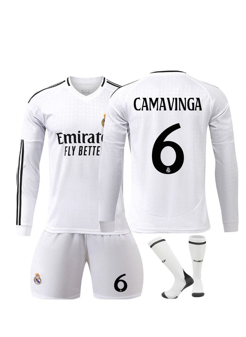 Real Madrid 24-25 Home Football Kits CAMAVINGA #6 Fans Football Jersey Long Sleeve/Shorts Socks Gift Set Youth Sizes and Adult Size
