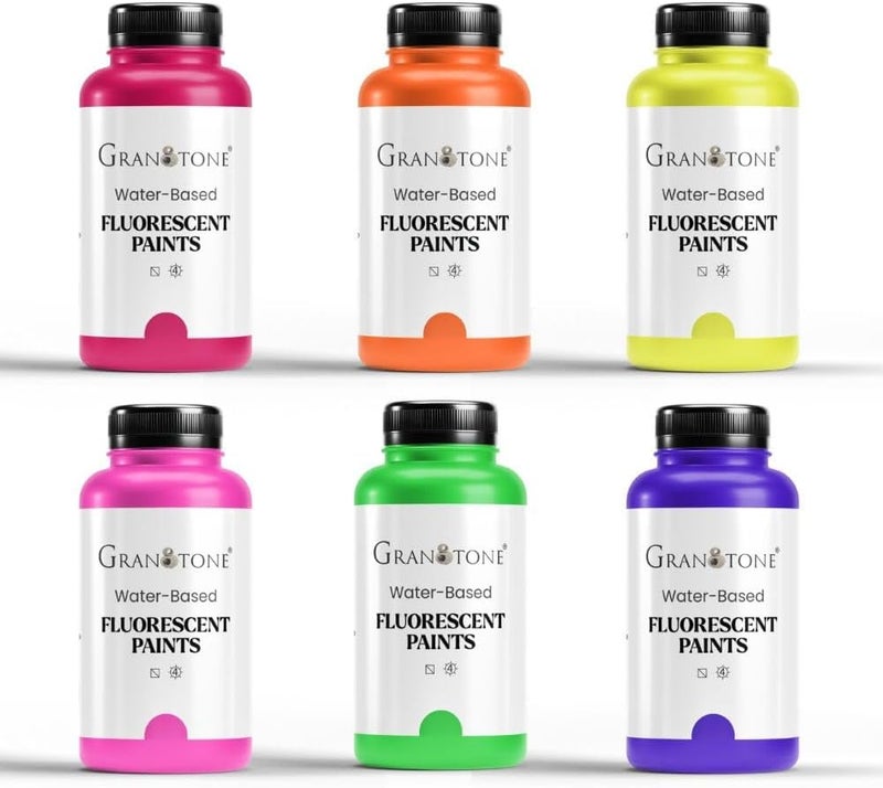GRANOTONE Neon Fluorescent Acrylic Paint Set  6 Colors 16 oz Each  Glows in Black Light  NonToxic  Vibrant Paint  Ideal for Art Crafts Kids  Hobbyists  Made in India